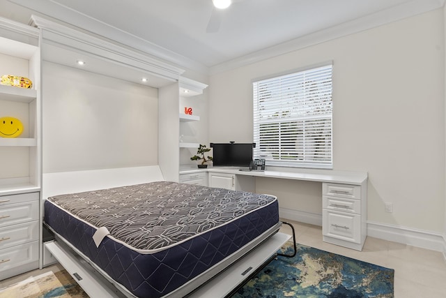 bedroom with light tile patterned floors, a ceiling fan, baseboards, built in study area, and crown molding