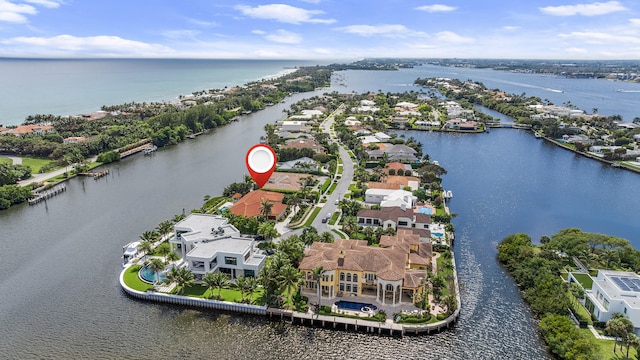 aerial view with a residential view and a water view