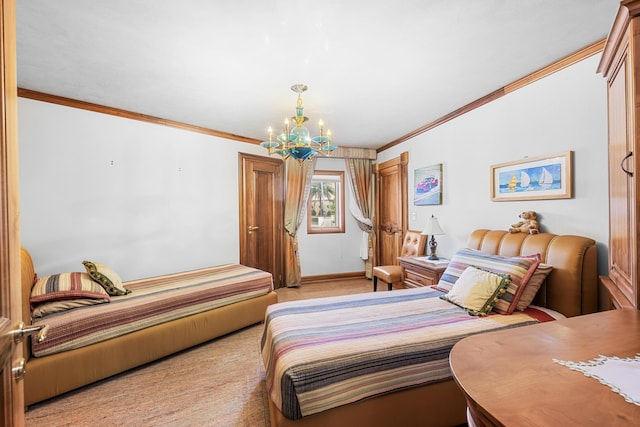 bedroom with light carpet, ornamental molding, baseboards, and a notable chandelier