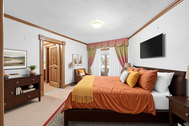 bedroom with light carpet, baseboards, and crown molding