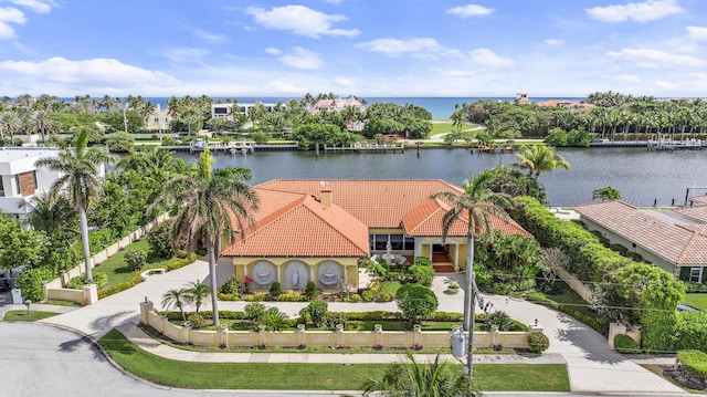 drone / aerial view with a water view