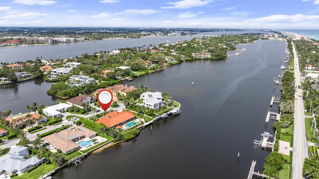 aerial view featuring a water view