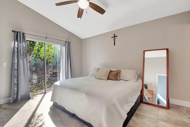 bedroom with tile patterned floors, a ceiling fan, baseboards, and vaulted ceiling