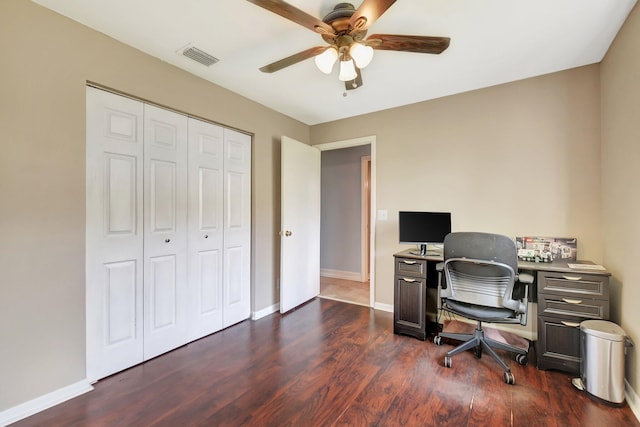 office area featuring visible vents, baseboards, ceiling fan, and dark wood-style flooring