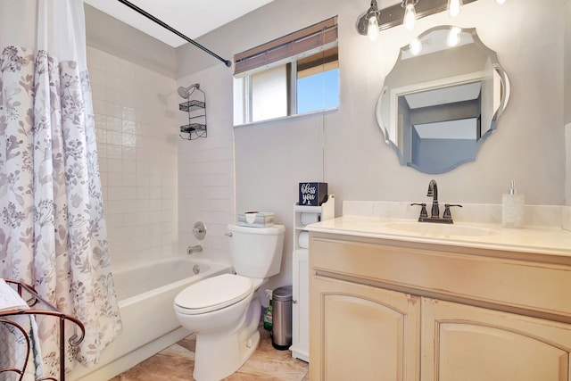 full bath featuring vanity, shower / tub combo, and toilet