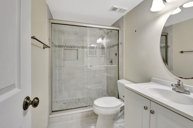 bathroom with visible vents, toilet, a shower stall, vanity, and tile patterned flooring