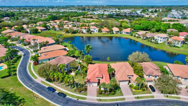 birds eye view of property featuring a water view and a residential view