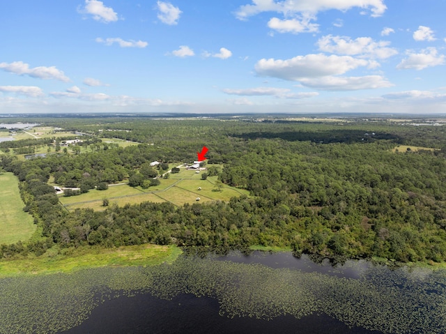 aerial view featuring a water view and a wooded view