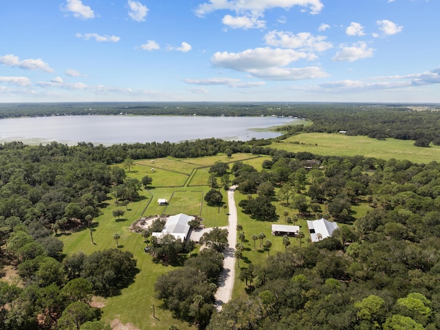 bird's eye view with a forest view and a water view