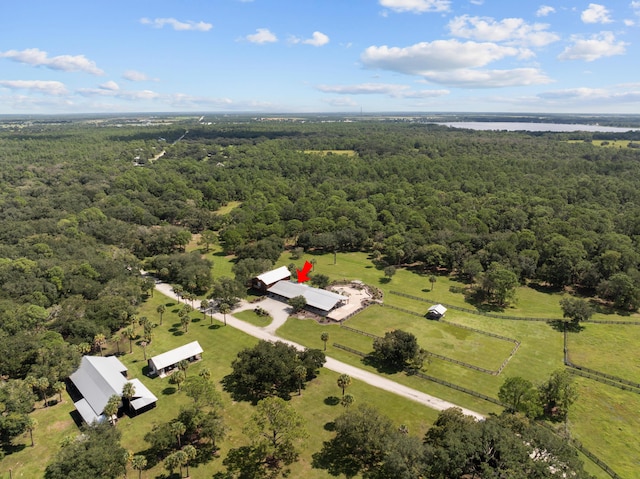 drone / aerial view featuring a wooded view