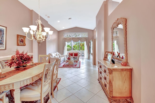 dining space with lofted ceiling, light tile patterned floors, recessed lighting, a notable chandelier, and visible vents