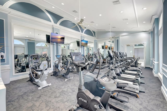 gym with recessed lighting, visible vents, baseboards, a ceiling fan, and carpet