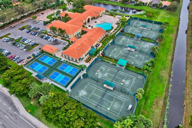 aerial view featuring a water view