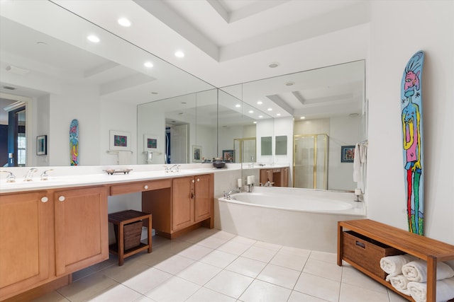 full bath with a garden tub, a shower stall, a tray ceiling, and a sink