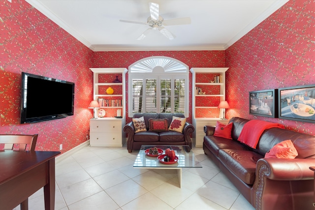 living room featuring wallpapered walls, ornamental molding, a ceiling fan, and tile patterned floors