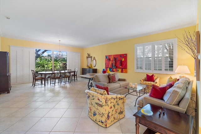 living area featuring light tile patterned floors and crown molding