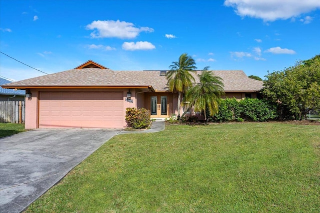 ranch-style home with a garage, driveway, french doors, stucco siding, and a front lawn