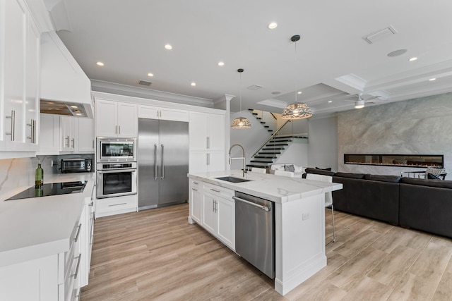 kitchen with built in appliances, light wood-type flooring, a premium fireplace, custom exhaust hood, and a sink