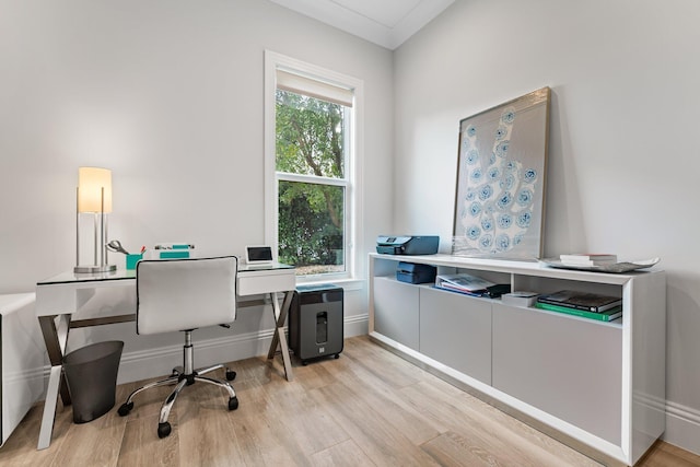 office space with baseboards and light wood finished floors