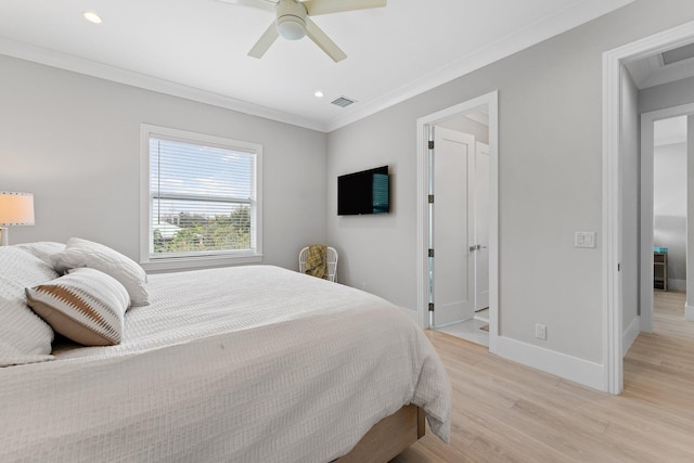 bedroom with visible vents, ornamental molding, light wood-style flooring, recessed lighting, and baseboards