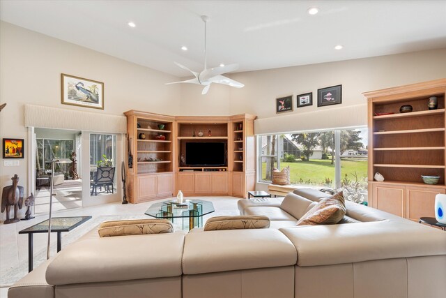 interior space with a residential view and a water view