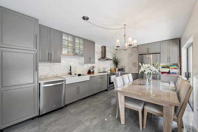 kitchen featuring stainless steel appliances, gray cabinets, decorative backsplash, a sink, and wall chimney exhaust hood