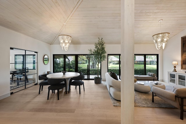 dining space featuring light wood-type flooring, wood ceiling, high vaulted ceiling, and a notable chandelier