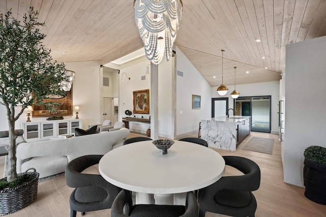 dining room featuring light wood-style floors, wood ceiling, and a chandelier