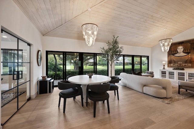 dining space featuring a chandelier, wood ceiling, vaulted ceiling, and light wood-style flooring