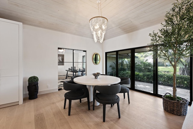 dining area featuring light wood finished floors, wood ceiling, baseboards, and a notable chandelier