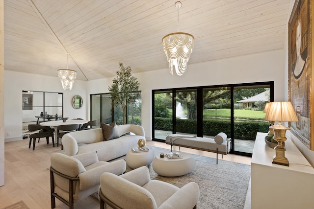 living room featuring wooden ceiling, light wood finished floors, and an inviting chandelier