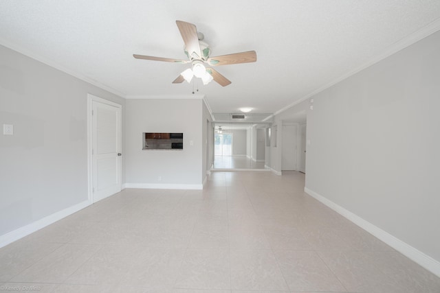 unfurnished living room with visible vents, baseboards, a ceiling fan, a textured ceiling, and crown molding