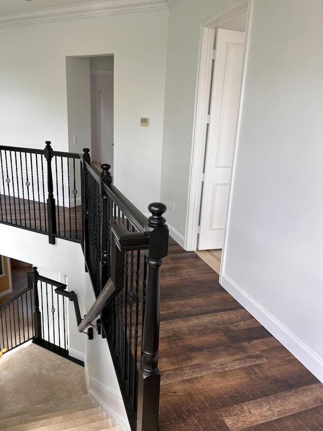 stairway featuring baseboards, wood finished floors, and crown molding