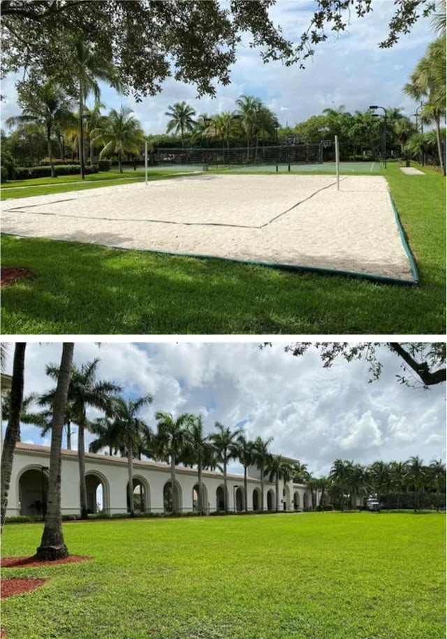 surrounding community featuring a lawn and volleyball court