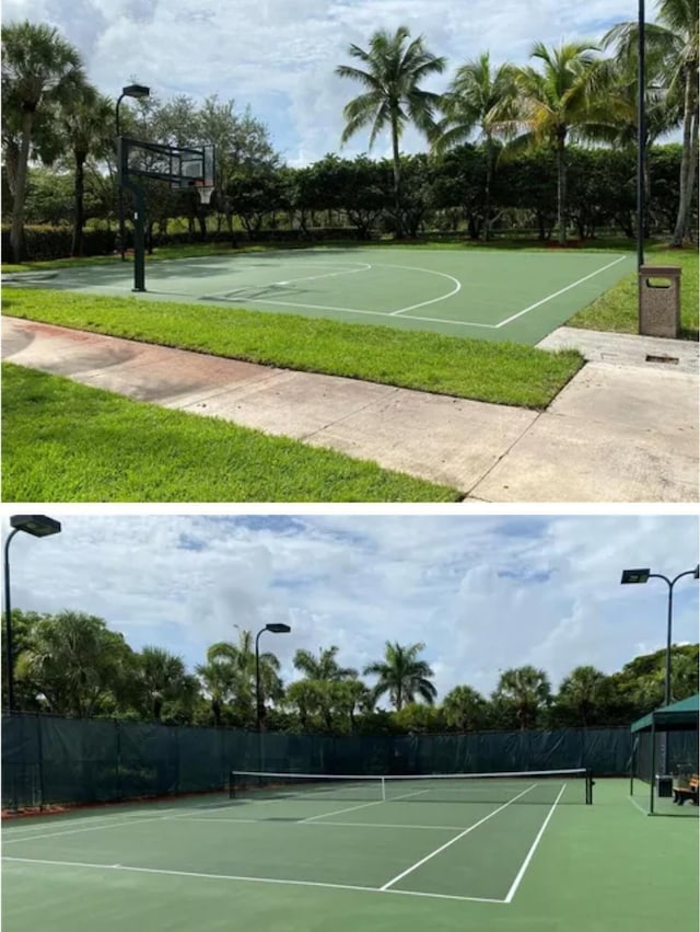 view of tennis court with community basketball court and fence