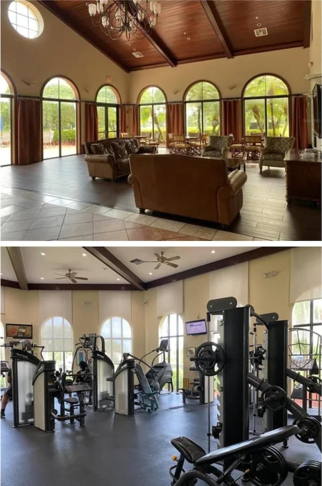 exercise room featuring wooden ceiling, visible vents, high vaulted ceiling, and a wealth of natural light