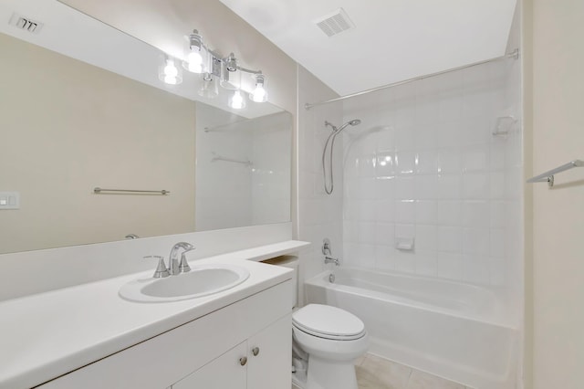 full bath with shower / bath combination, visible vents, vanity, and toilet