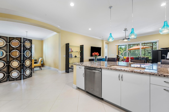 kitchen featuring crown molding, white cabinetry, a sink, light tile patterned flooring, and dishwasher