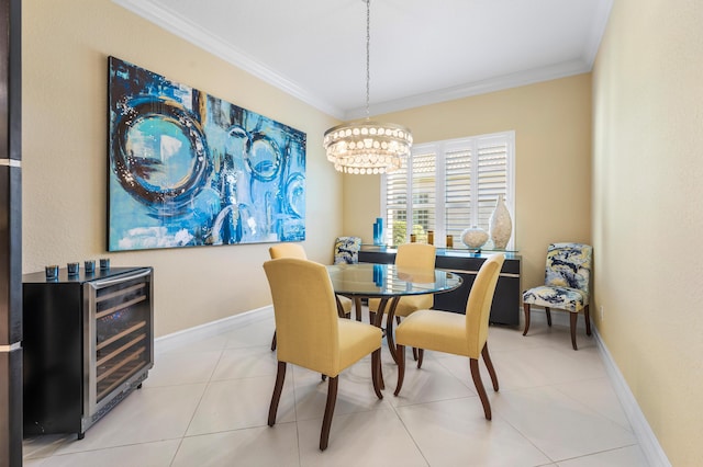 dining room featuring light tile patterned floors, beverage cooler, crown molding, baseboards, and an inviting chandelier