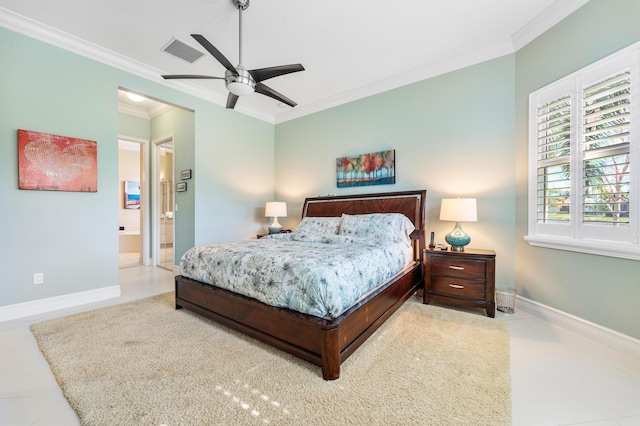 bedroom featuring tile patterned floors, baseboards, visible vents, and ornamental molding