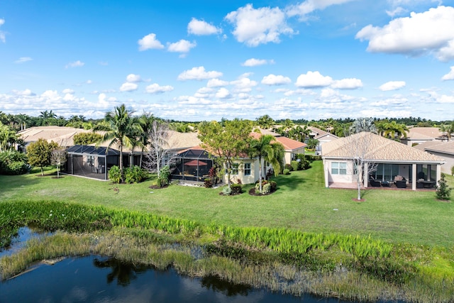 drone / aerial view featuring a water view