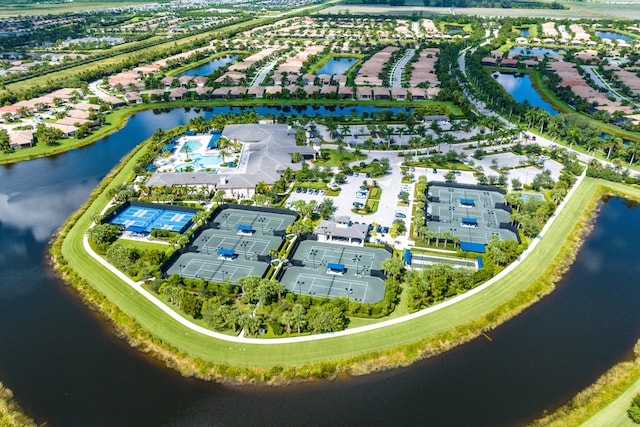 aerial view featuring a residential view and a water view