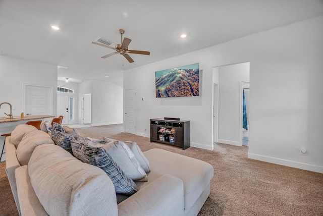 5361 San Benedetto Pl, Fort Pierce, FL 34951 - living room with light carpet, baseboards, visible vents, ceiling fan, and recessed lighting