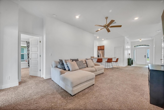 5361 San Benedetto Pl, Fort Pierce, FL 34951 - living area featuring light carpet, baseboards, a ceiling fan, and recessed lighting