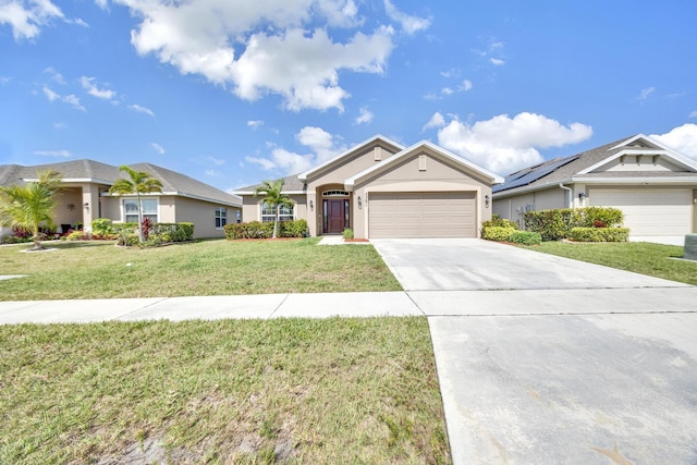 ranch-style house featuring a garage, concrete driveway, a front yard, and stucco siding