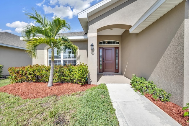 doorway to property featuring stucco siding