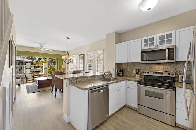 kitchen with stainless steel appliances, decorative backsplash, white cabinets, a sink, and a peninsula