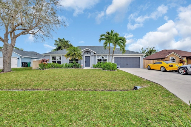 single story home with driveway, stucco siding, an attached garage, and a front yard