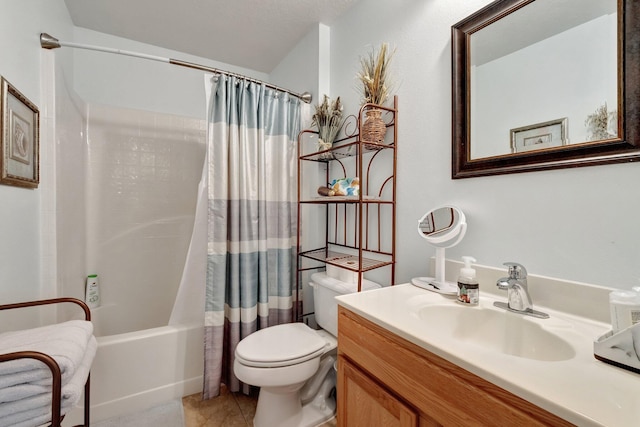 bathroom featuring shower / bath combination with curtain, vanity, toilet, and tile patterned floors