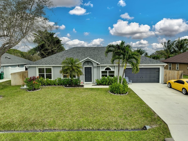 ranch-style home with a shingled roof, a front yard, fence, a garage, and driveway